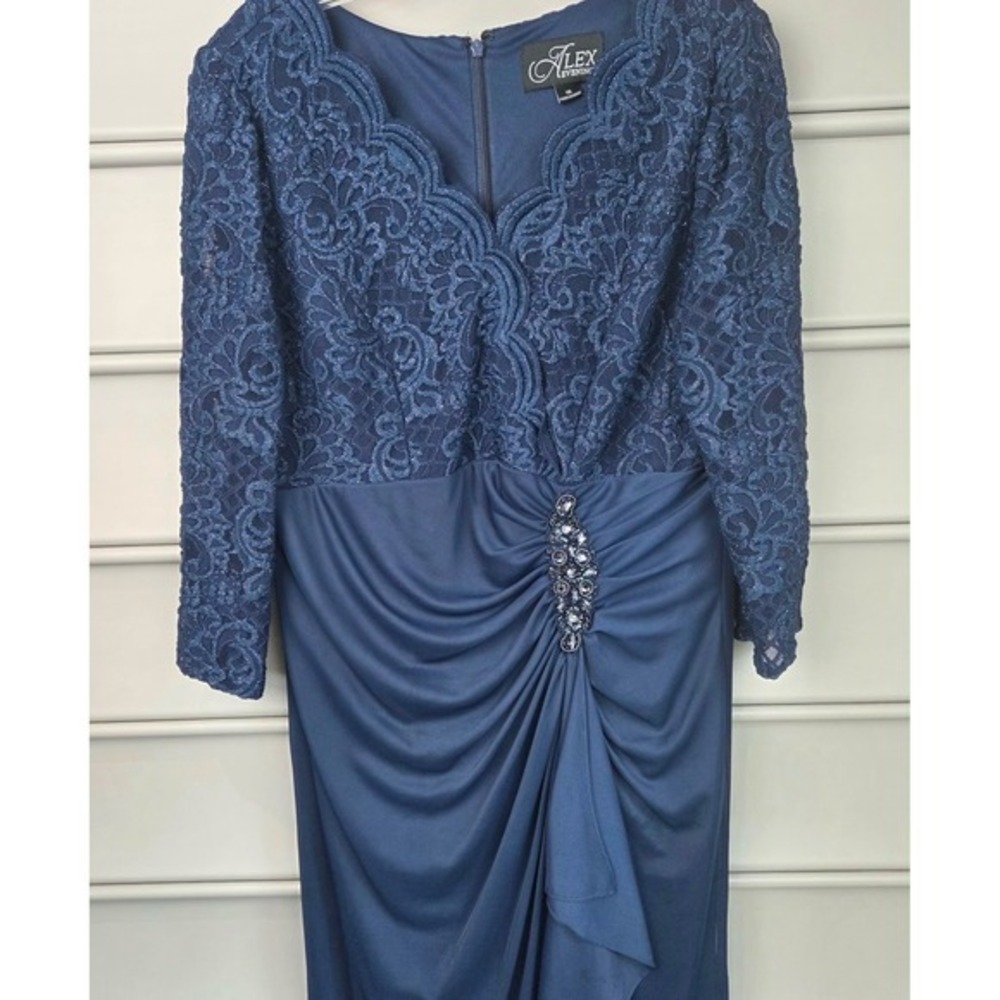 Alex Evenings Navy Blue Lace 3/4 Illusion Sleeve A-line Formal Gown Dress 16 - Picture 2 of 16